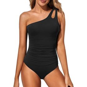 Women's Tummy Control One Piece Swimsuit, One Shoulder Full Coverage Bathing Suit (Option: Black-2XL)
