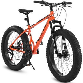 S26109 26 Inch Fat Tire Bike Adult-Youth Full Shimano 21 Speed Mountain Bike, Dual Disc Brake, High-Carbon Steel Frame, Front Suspension, Mountai (Color: Orange)